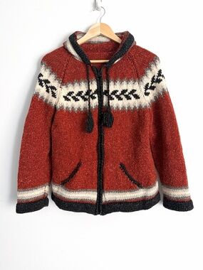 Vintage 1970s Hand Knit Wool Hooded Cowichan Style Zip Up - Size S